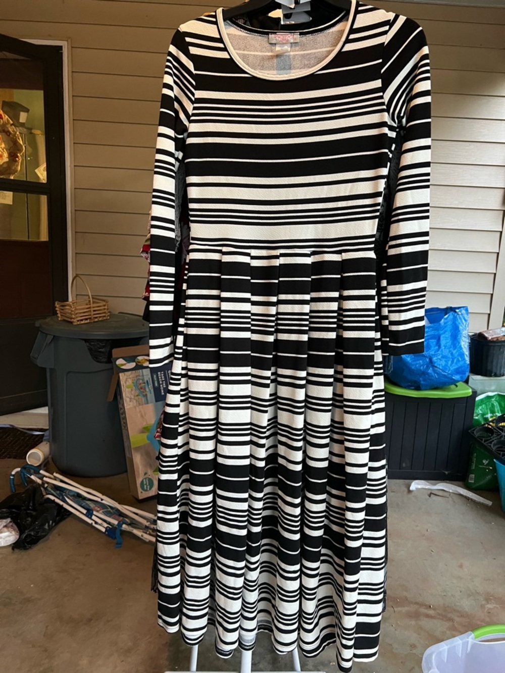 Black and White Striped Long Sleeve Fit & Flare Dress